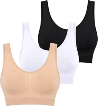Boolavard - Conjunto de 3 Sujetadores sin Costuras para Mujer, Sujetador sin Aros, Top Corto, Sujetador Deportivo Suave (FR/ES, Letras, M, Regular, Regular, Beige Blanco Negro)