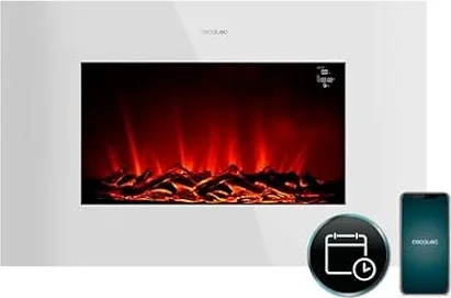 Cecotec Chimenea Eléctrica Decorativa 35” con Mando y WiFi ReadyWarm 3590 Flames Connected White. Máxima Potencia 2000W, 2 Intensidades, Panel Plano de Cristal Templado, Llama Ajustable, Temporizador