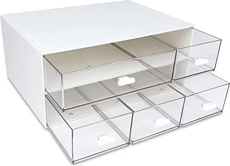 Organizador de escritorio con 5 cajones, caja de almacenamiento apilable de 2 niveles, organizador de escritorio para suministros de oficina, almacenamiento en el hogar