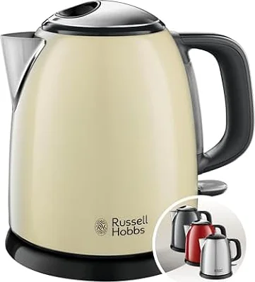 Russell Hobbs Hervidor de Agua Eléctrico Colours Plus - 1 litro, Hervidor Pequeño, 2400 W, Filtro Extraíble, Zona de Ebullición Rápida, Base de 360°, Indicador Nivel de Agua, Inox., Crema - 24994-70