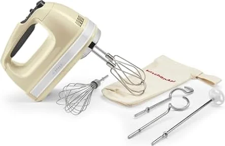 KitchenAid Batidora de Mano 9 Velocidades, Motor DC 85W con Arranque Suave, 6 Accesorios – Batidores, Varilla, Ganchos y Varilla Mezcladora, Cable Giratorio, Funda, Crema Almendra
