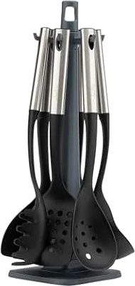 JATA HOGAR HACC4624 - Utensilios de Cocina de Acero Inoxidable y Nylon. Set de Cocina de 6 Utensilios: Cazo, Cucharón, Espumadera, Cucharra Espagueti, Espátula y Pala. Resistentes al Calor