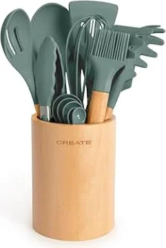 CREATE/Set de utensilios verde sage y madera / 11 utensilios, silicona y madera de haya, libres de BPA, resistente al calor hasta 230°C