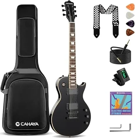 CAHAYA Guitarra Eléctrica LP 39": Kit para Principiantes, Cuerpo de Okoumé, Mástil de Arce, 2 Pastillas Humbucker, con Funda, Correa y Cable, Negro