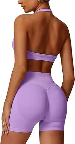 IMEKIS Conjunto de gimnasio para mujer, ropa deportiva para yoga, sujetador con cuello y soporte alto, pantalones cortos, 2 piezas, traje deportivo, ropa para entrenamiento, fitness, para jogging