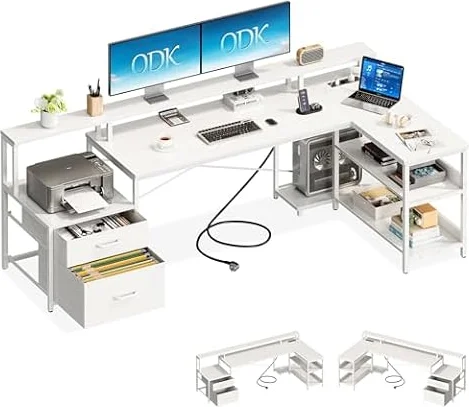 ODK Escritorio Esquinero con 2 Cajones y Estanteria, 189.3×100cm, Blanco