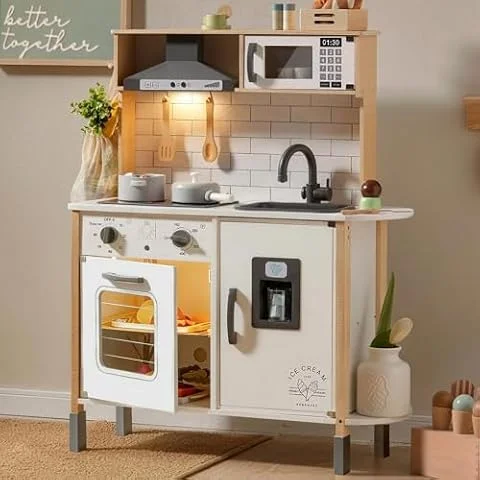 Tiny Land Cocina Juguete Madera con 18 Accesorios & Luces y Sonidos Reales