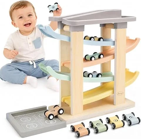 Joyreal Juguetes Niños 1 año - Juguetes Montessori 1 2 años, Parking Coches Juguete de Madera con 4 Mini Coches Regalo Niño Niña