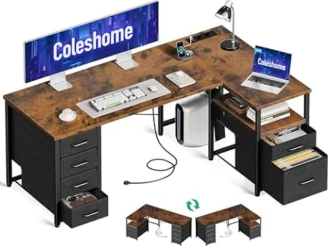 Coleshome Escritorio Esquinero con Cajones de Tela, 140x80cm, Marrón