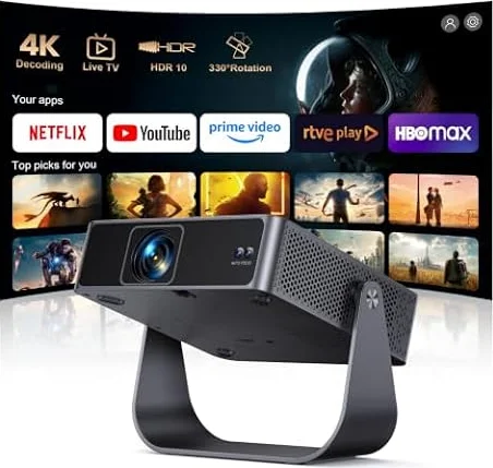Proyector Portatil【Netflix Ready+TV Directo】 Proyector 4K App Integrada Auto Focus/Keystone 1080P FHD Nativo con HDR10, Giro 330° WiFi Bluetooth Mini Proyectors Projector Cine en Casa/Exterior/HDMI