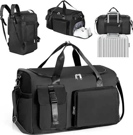 Cozary Bolsa Deporte Hombre Mujer - 42L Bolsa de Viaje Grande - Tela Oxford Impermeable - Diseño Multibolsillos - Bolsa de Gimnasio 3 en 1 - para Gimnasio Viaje Negocios - Negro