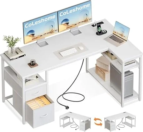 Coleshome Escritorio Esquinero con Cajones de Tela, 140x80cm, Blanco