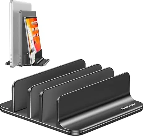 OMOTON Soporte vertical para laptop de 3 ranuras, soporte de aluminio de escritorio para MacBook con tamaño de base ajustable, se adapta a todos los MacBook, Surface, Chromebook y portátiles de juegos