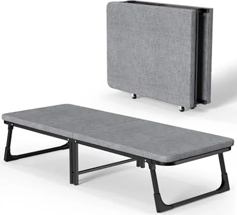 Cama de campamento plegable para adultos, 60 x 180 cm, cama supletoria compacta con estructura metálica reforzada y ruedas, para dormir portátil, hogar, oficina, camping, gris
