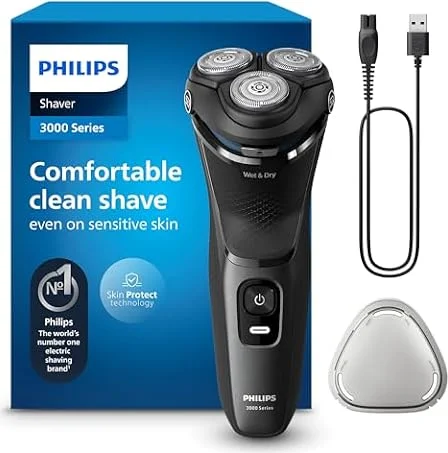 Philips Serie 3000 Afeitadora Eléctrica Hombre, Máquina de Afeitar Barba con Cortapatillas, 27 cuchillas, Cuida la piel, 60min de uso, En Seco y Húmedo, Recargable, S3145/00, Luna