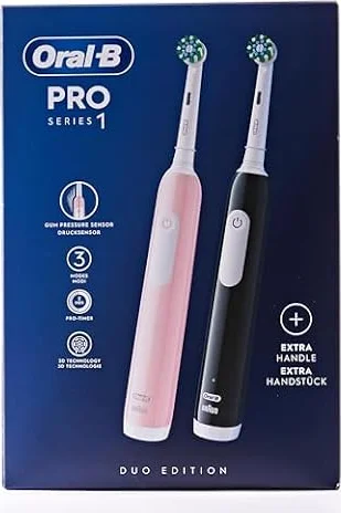 Oral-B Pro Series 1 - Cepillo de dientes eléctrico, paquete doble, 2 cabezales de cepillo, 3 modos de cepillado y sensor de presión para cuidado dental, diseñado por marrón, rosa/negro