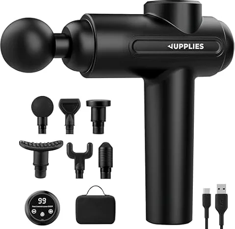 JUPPLIES Pistola de Masaje Muscular con 30 Velocidades, 6 Cabezales, Silenciosa, 5H Autonomía, Pantalla Táctil LCD, Estuche y Carga USB-C para Cervical y Espalda Profesional
