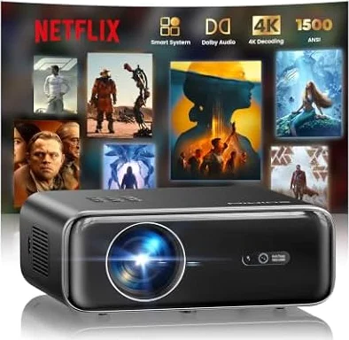 Proyector 4K【1500 ANSI/Netflix Incluido/Dolby】 Smart Proyector 4K Portátil Auto Focus/Keystone WiFi Bluetooth FHD 1080P, HDR10, Proyectors WiFi6 Exterior Zoom 50% para Cine en Casa/PPT Doble HDMI/USB
