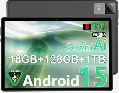 UBDXBD Tablet de 10 pulgadas, tablet Android 15, 18 GB de RAM (6+12) 128 GB ROM, T30 Octa-Core, 1 TB ampliable, WiFi 6, batería de 6000 mAh, pantalla IPS HD 1280 × 800, GPS, Widevine L1, tabletas