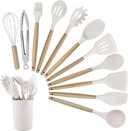 Strehknewen Juego de 12 Utensilios de cocina de silicona, resistentes al calor, antiadherentes, aptos para lavavajillas, ergonómicos, aptos para alimentos, Con cubo de almacenamiento, juego completo