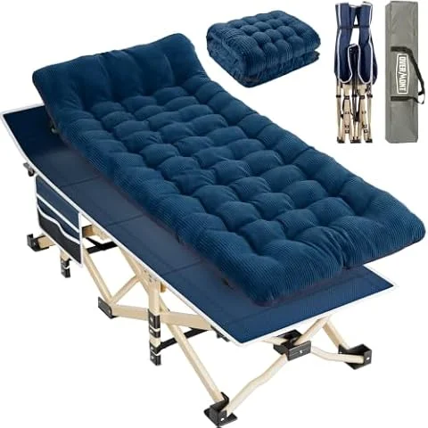 OVERMONT Cama Plegable Camping Plegable - Camas de Campamento Portátil con Almohadilla de Algodón para Adultos Dormir - con Bolsillo Lateral para Camping Playa Exterior Viajes - 120 kg 190x71CM
