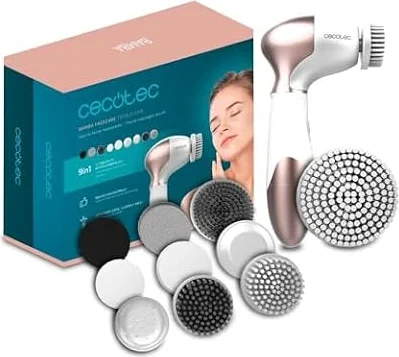 Cecotec Cepillo Limpiador Facial Masajeador Portátil a Pilas Bamba FaceCare TotalClean. 9 Cabezales para Cara, Cuerpo y Pies con Giro de 360º, Diseño Ergonómico y Bolsa de Viaje