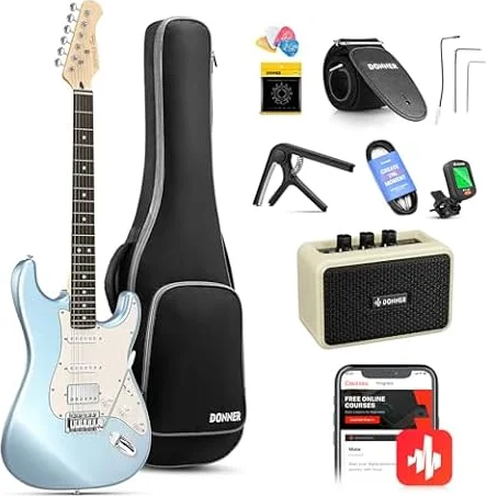Donner Guitarra Electrica, DST-152R Kit Guitarra Electrica de Tamaño Completo HSS Pickup Coil Split, Guitarras Electricas Set Adultos con Amplificador, Bolsa, Accesorios