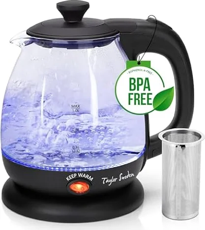Taylor Swoden Abel - Hervidor de cristal de 1 litro, 2200W, Hervidor de agua eléctrico con iluminación LED libre de BPA, función mantener caliente, con infusor y filtro extraíble