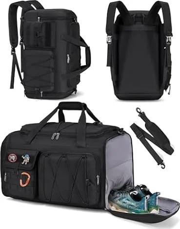 RAINSMORE Bolsa Deporte Hombre Mujer 45L, Bolsa Gimnasio 3 en 1 con Compartimento para Zapatos y Bolsillo Húmedo Bolsa de Deporte para Gym y Viaje Negro
