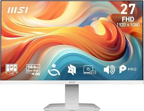 MSI Pro MP273WA E14A Monitor Profesional de 27" FHD, 1920 x 1080 IPS, 144 Hz, 1 ms, Compatible HDR, adaptative Sync, Eye Care, HDMI 2.0, DP 1.2a, sin Marco, inclinación Ajustable, Vesa, Blanco
