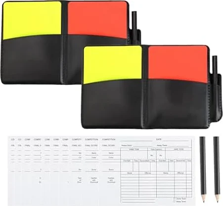 2 Piezas Juego de Tarjetas de Árbitro Deportivo de Fútbol, PVC Tarjetas Amarillas y Rojas, con Accesorios para bolígrafo y Estuche, Libros de puntuación, para Eventos Deportivos y Día del Deporte