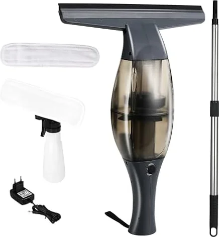 Limpiador Ventanas Eléctrico,Limpiacristales eléctrica,Aspirador Ventana con mango telescópico,boquilla succión 28 cm,botella pulverizadora con funda microfibra para limpieza sin rayas 360° (Negro)
