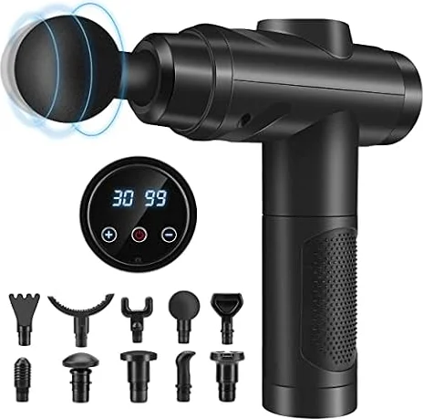 Pistola de Masaje Muscular, Masajeador Profesional con 30 Velocidades para Masaje Profundo, Pantalla Táctil LCD y 10 Cabezales para Espalda, Hombros, Piernas, Regalo para Hombre y Mujer (Negro)