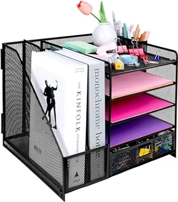 EasyOFC Organizador de archivos de escritorio, bandeja de papel de 5 niveles, almacenamiento de malla con cajón, 2 soportes para bolígrafos, revistero para suministros de oficina, color negro