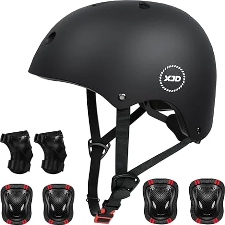 XJD Casco de Ciclismo para Niños y Protecciónes Infantiles Incluye Rodilleras Coderas y Muñequeras Adjustables 7 Piezas para Patínes Patinete Ciclismo Niños de 3 a 13 Años(Negro M)