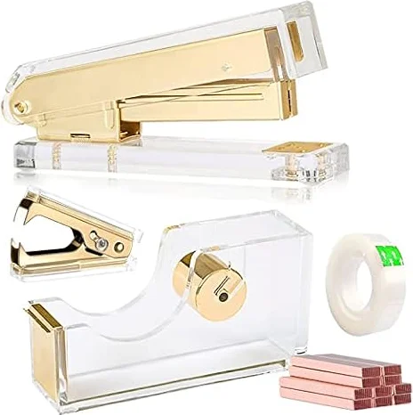Dispensador de cinta acrílica dorada para escritorio, suministros de oficina acrílicos, incluye removedor de grapas, cinta, kit de accesorios de escritorio de 1000 grapas, bonito juego de grapadoras