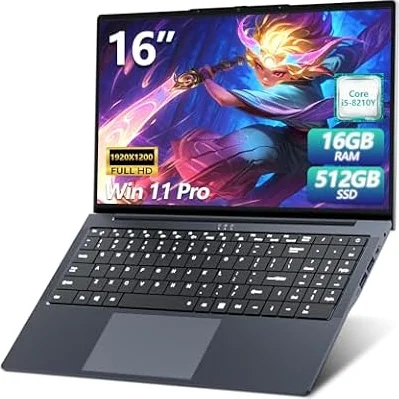 Ordenador Portátil 16 Pulgadas PC Portatil Core i5 8210Y Procesador, 16GB RAM 512GB SSD, Computadora Portátil 1920 * 1200 FHD IPS, Laptop RJ45 USB 3.0 HDMI WIFI5 BT5.0 Teclado Numérico Retroiluminado