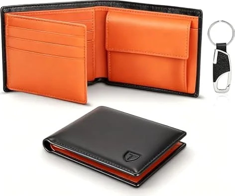 TEEHON Cartera para Hombre, Monedero con RFID & Llavero - Naranja Negro