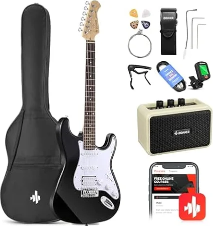 Donner Guitarra Eléctrica 39 Pulgadas HSS con Amplificador, Negro, DST-100B