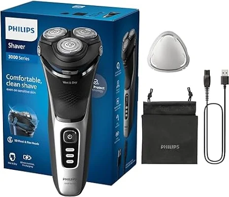 Philips Serie 3000 Afeitadora Eléctrica Hombre, Máquina de Afeitar Barba con Cortapatillas, 27 cuchillas, Cuida la piel, 60min de uso, En Seco y Húmedo, Recargable, Funda, S3241/12, Gris