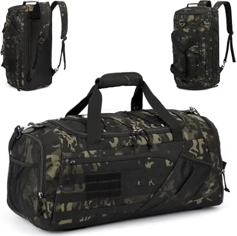 TONRUYN Bolsa Deporte Hombre 45L Mochila Gimnasio Táctica Militar Bolsa de Viaje con Compartimento para Zapatos + Separada Seco y Humedo para Natacion, Fitness, Fin De Semana, Camuflaje