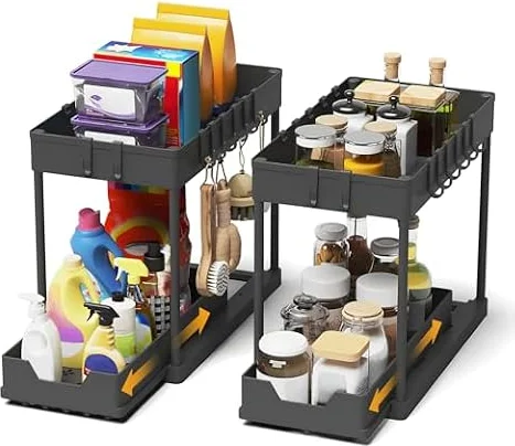 Meltrck 2 Paquete Organizador Cocina 2 Niveles para Debajo del Fregadero - Organizador Extraíble Estante Almacenamiento Debajo Fregadero con 16 Ganchos,Negro