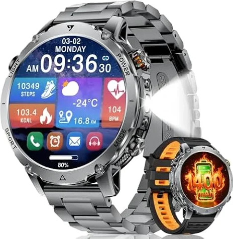 Reloj inteligente militar de 1400 mAh para hombre, 1,7 pulgadas HD, con función de teléfono, más de 100 modos deportivos, rastreador de fitness, resistente al agua 5ATM, reloj deportivo, monitor de