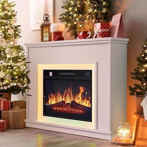 YITAHOME Chimenea Electrica Blanco, 23″ Chimeneas Electricas Decorativas con Efecto de Llama Realista en 3D, Chimeneas Electricas con Temporizador y LED Tira de Luces Ajustable de 24 Colores