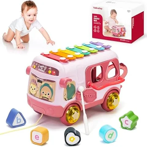 Juguetes Regalos para Niñas 1 Año,Bus Musicales Sensorial con Xilófono Rosa