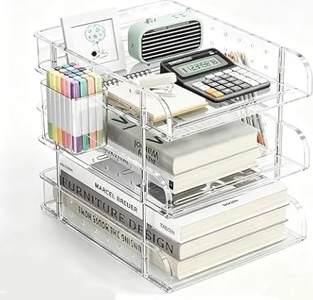 Organizador de escritorio de acrílico transparente, bandeja de cartas de varios niveles con soporte para bolígrafos, almacenamiento de oficina para documentos y suministros