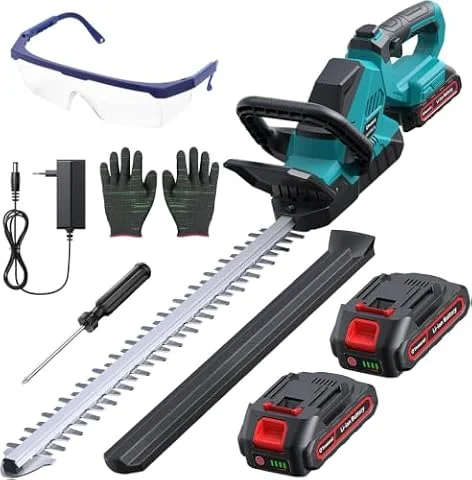 Tijera de Setos a Batería con 2 Baterías 2000mAh, Cortasetos Eléctrico 1000W con Motor Sin Escobillas, Cuchilla 52cm, Cabezal Ajustable 180°, Corte 16mm para Arbustos y Setos