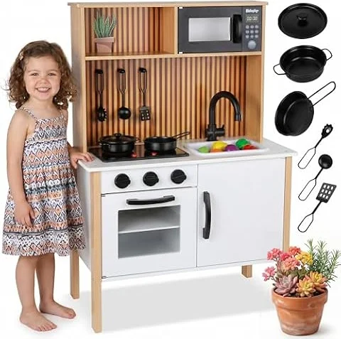 Green Series Cocina Infantil de Madera con luz y Sonido – Cocina Moderne de Juguete con Accesorios, Cocina, Horno, Fregadero, microondas – para niños a Partir de 3 años GS0070