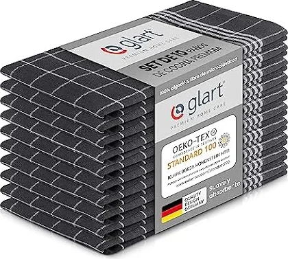 Glart 48GI2 Set de 10 paños de cocina, 50x70 cm, 100% algodón Oeko-TEX Standard 100, gris, sin pelusa, prelavado, paños para cocina y lavado.