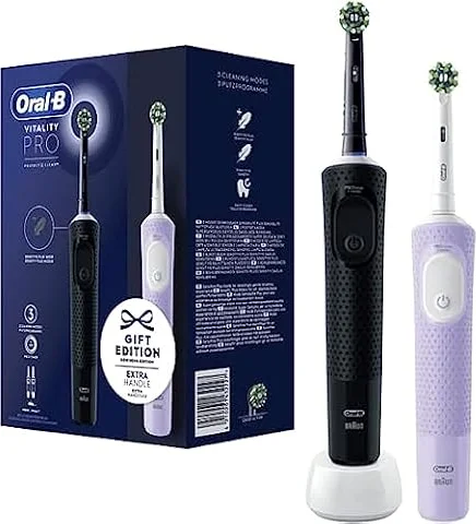 Oral-B Vitality Pro Pack de 2 Cepillos de Dientes Eléctricos, Regalos Originales Mujer & Hombre - Negro y Violeta